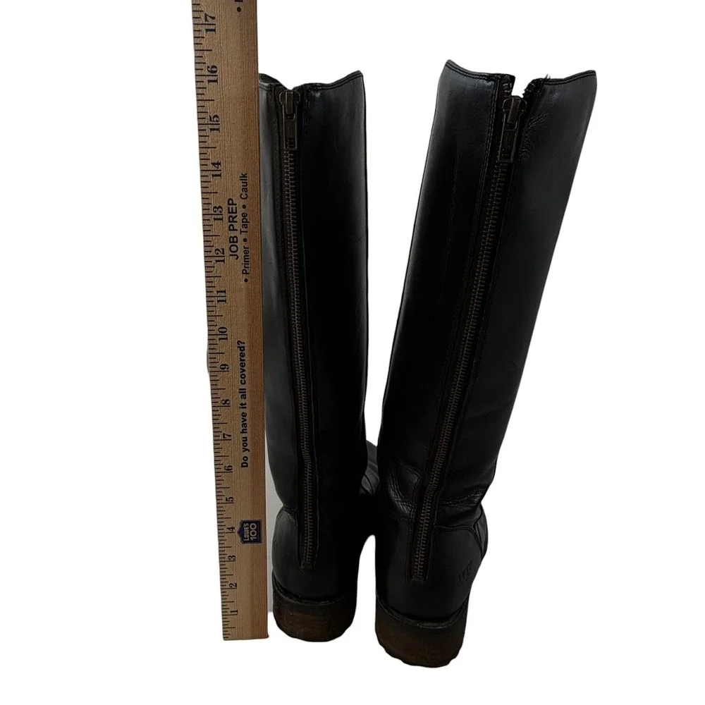 UGG Tall Black Leather Riding Boots 7.5 Back Zip 1006038 Lug Sole Round Toe